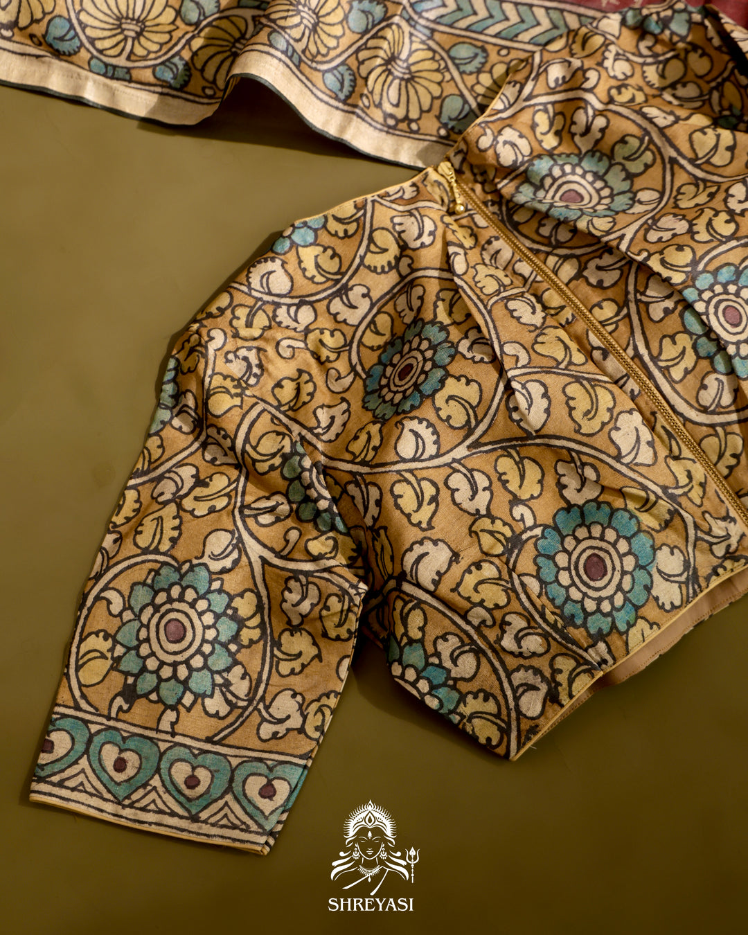 Tussar Silk Bandhej Saree with Pen Kalamkari and Petit Point Embroidery