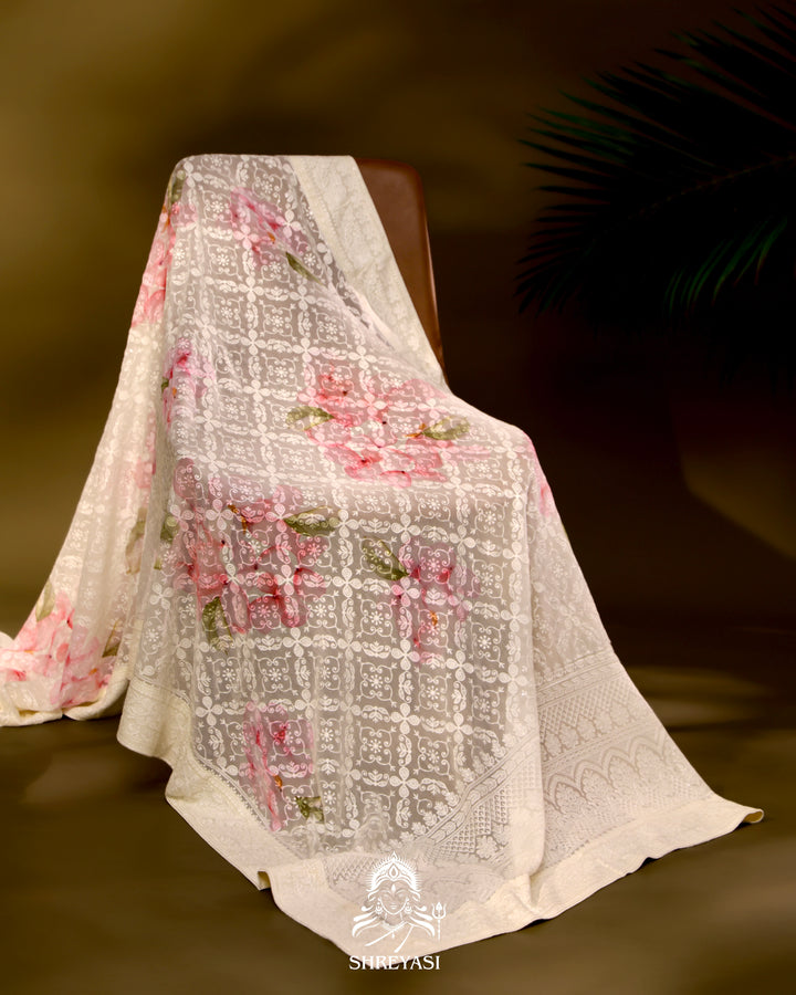 Georgette floral saree with chikankari embroidery