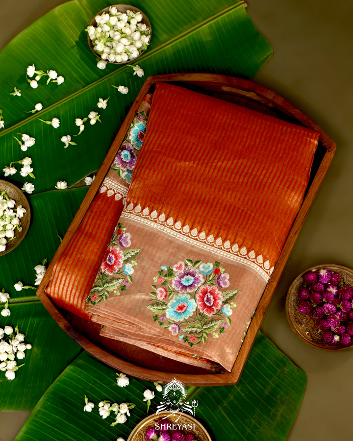 Handloom Banarasi Tissue Stripe Silk Saree with Satin Stitch Floral Embroidered Borders