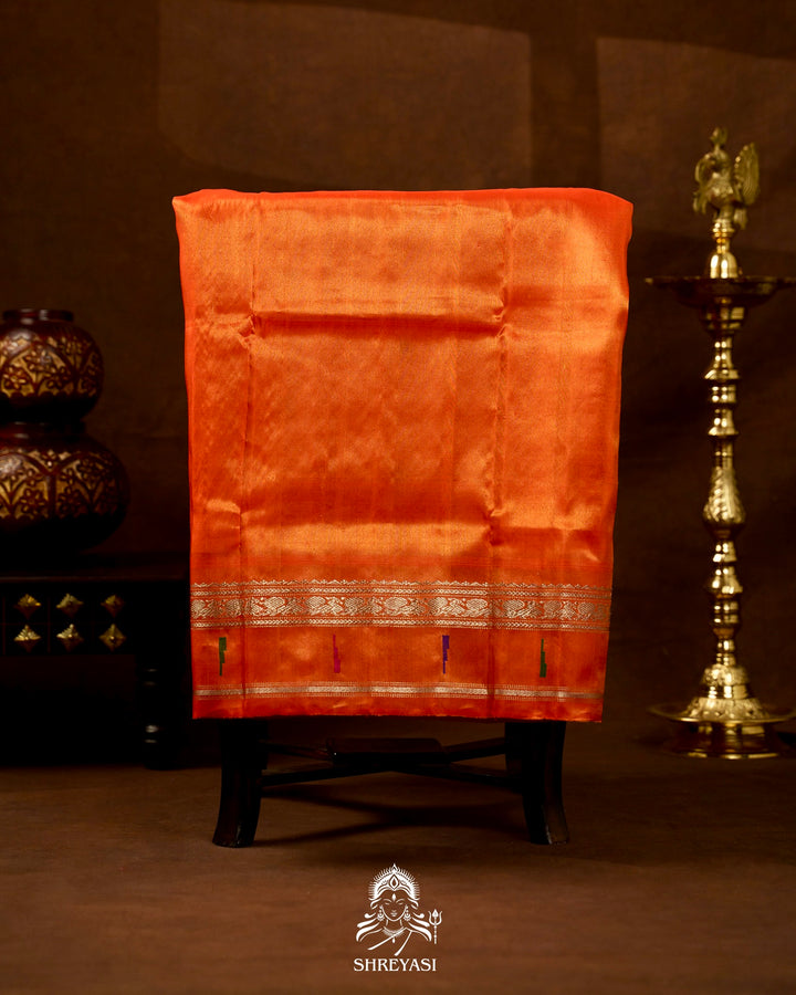 Handloom Pure Gadwal Silk Saree in Rani Pink with Orange Tissue Muniya Border