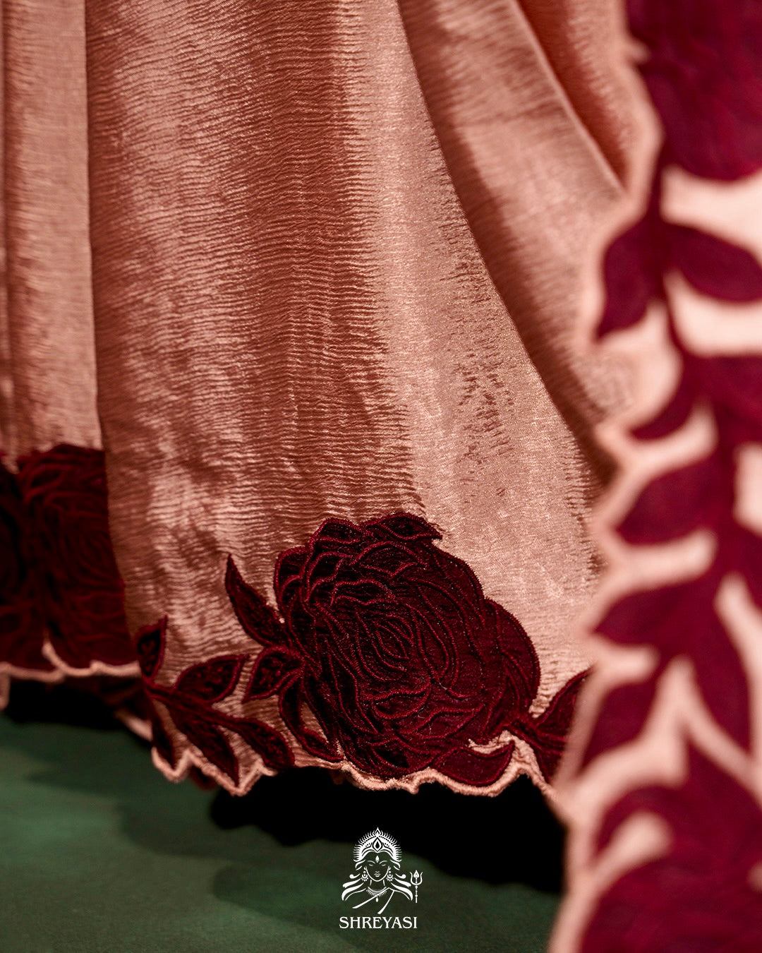 Pure Satin Silk Saree with Contrast Appliqué Borders