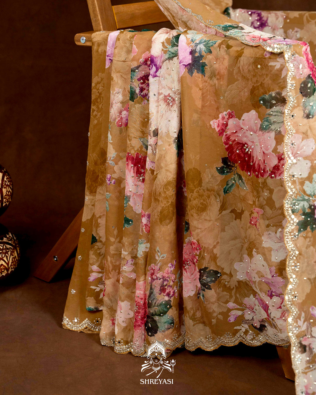 Hand Embellished Pure Georgette Floral Saree in Mocha Beige