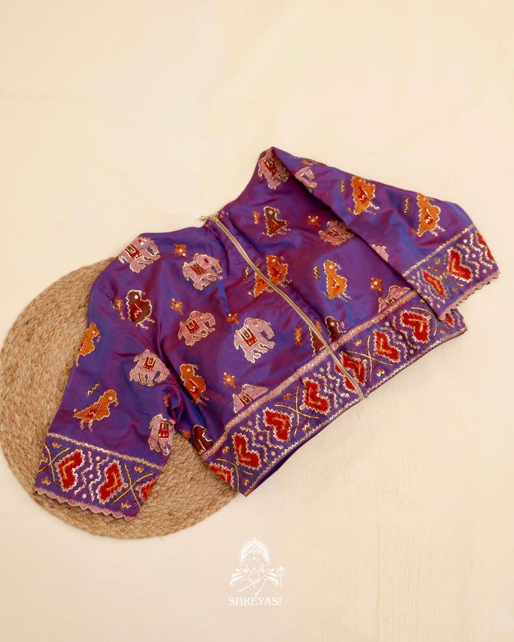 Rajkot Patola single ikat silk blouse with geometric motifs and pita embroidery