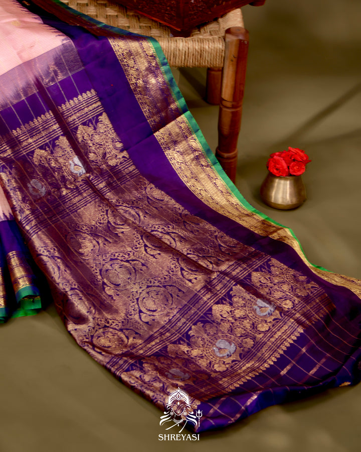 Gadwal Silk Saree with Kuttu Korvai Border and Contrast Checked Blouse