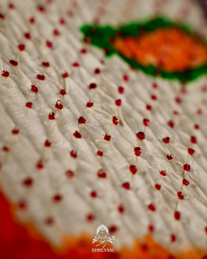 Pure Gaji Silk Designer Saree with Intricate Hand Knotted Bandhej Work