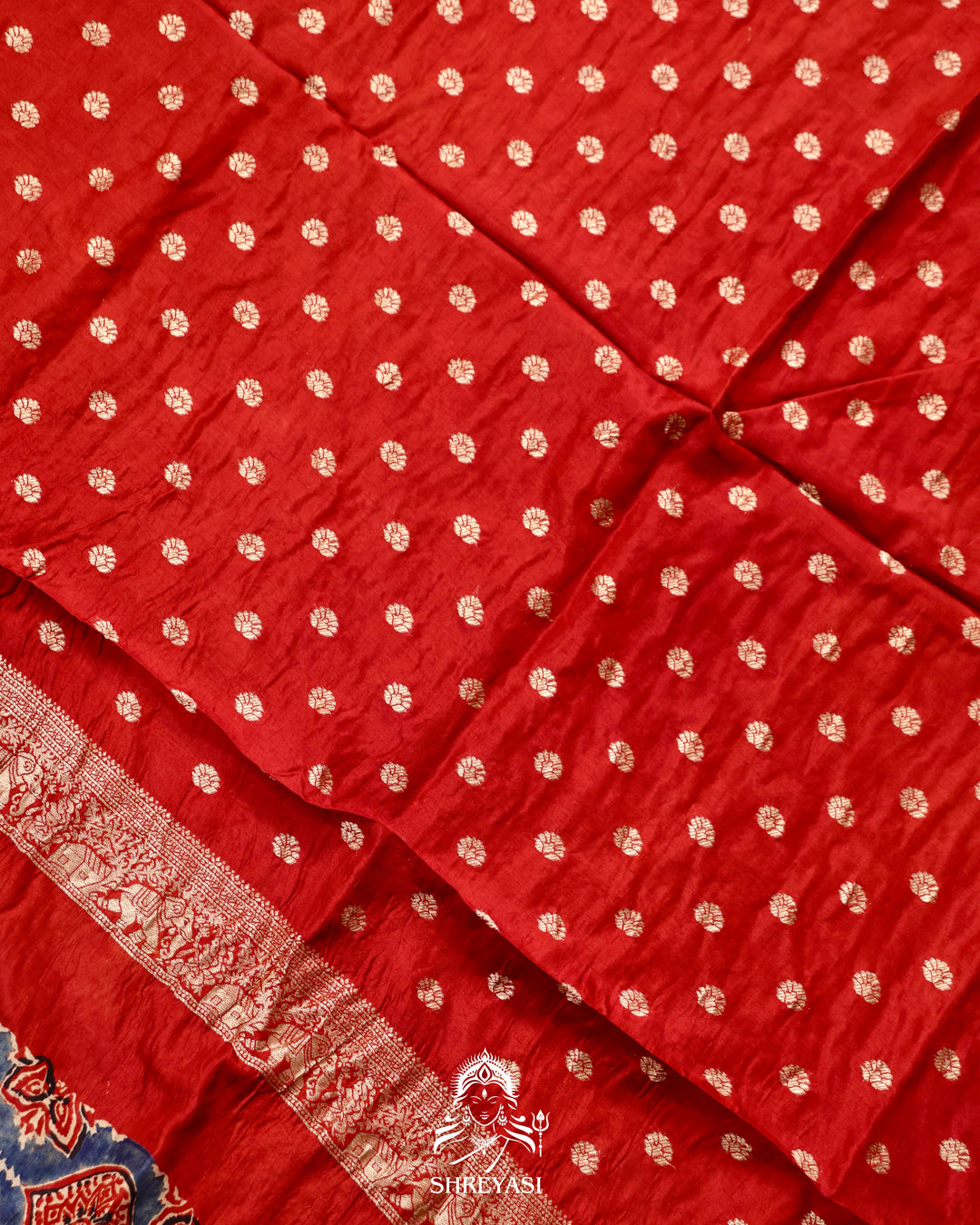 Hand Block Printed Ajrakh Dola Silk Saree with Zari Brocade Blouse