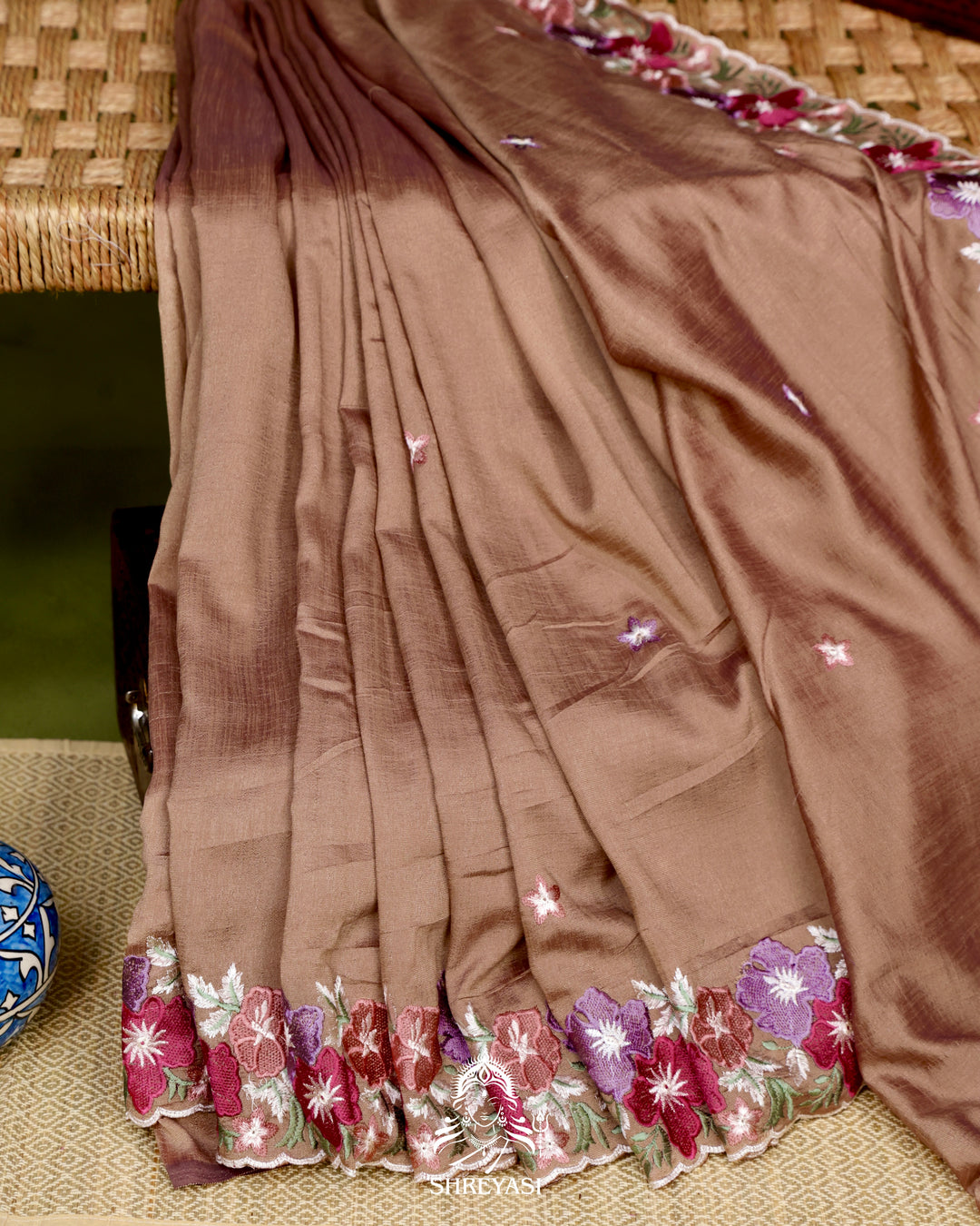 Tussar Silk Saree with Resham Floral Embroidery Border