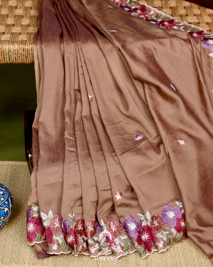 Tussar Silk Saree with Resham Floral Embroidery Border
