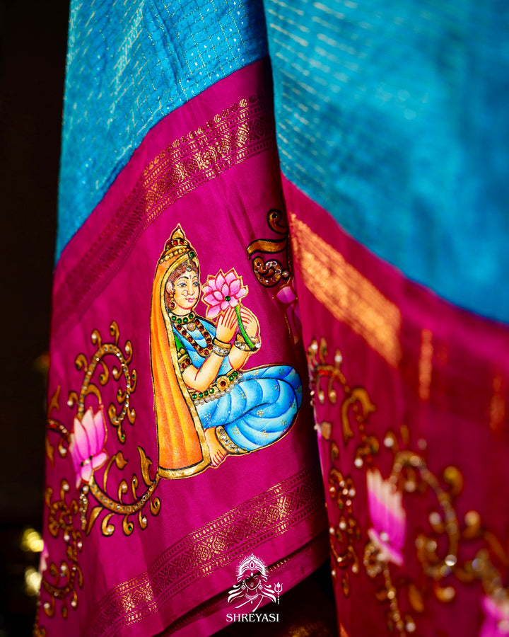 Traditional Tanjore Painting on Handloom Pure Kanjivaram Silk Sarees with Real Zari