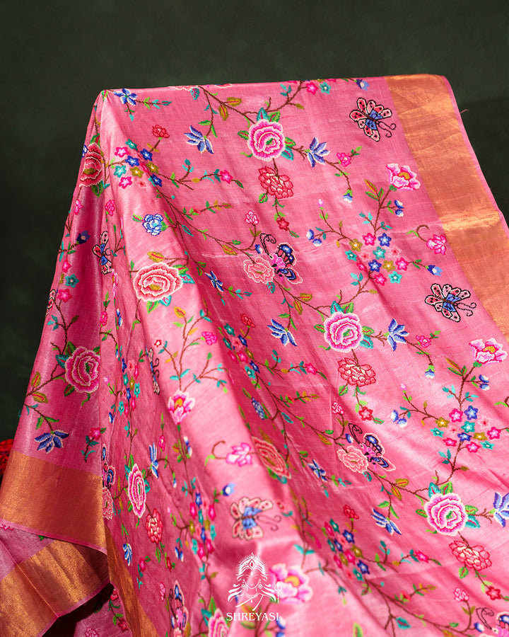 Handloom Pure Desi Tussar Silk Saree with Petit Point Embroidery