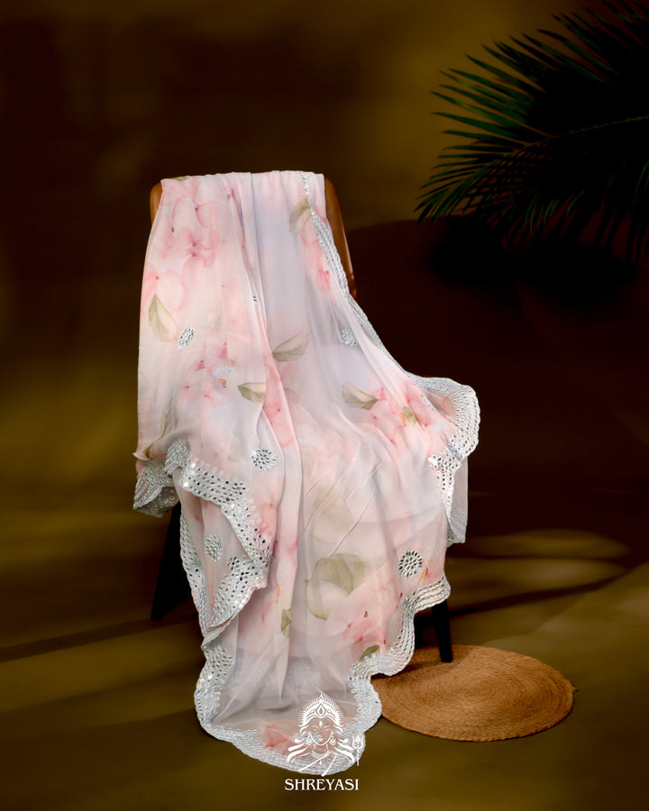 Floral Chiffon Georgette Saree with Scalloped Mirror Embroidery