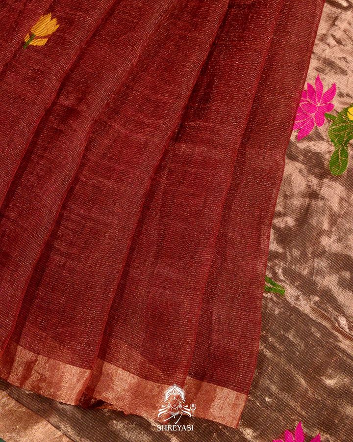 Handloom Silk Linen Jamdani Saree with Tissue Paithani Pallu