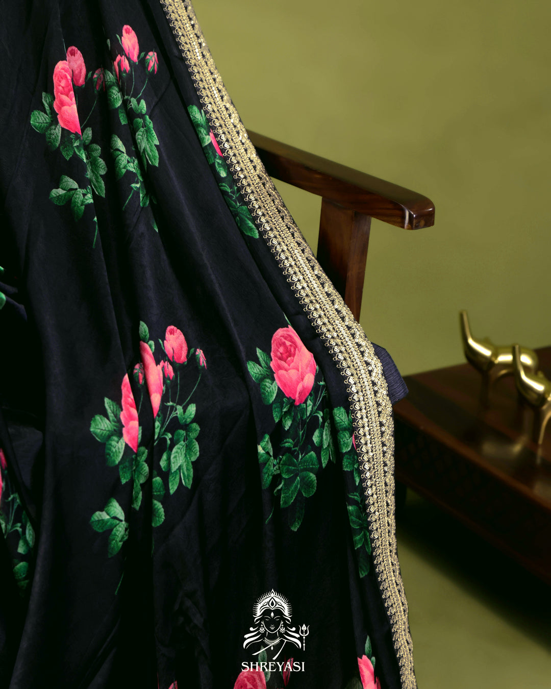 Black Chinon Satin Floral Saree with Embroidered Border