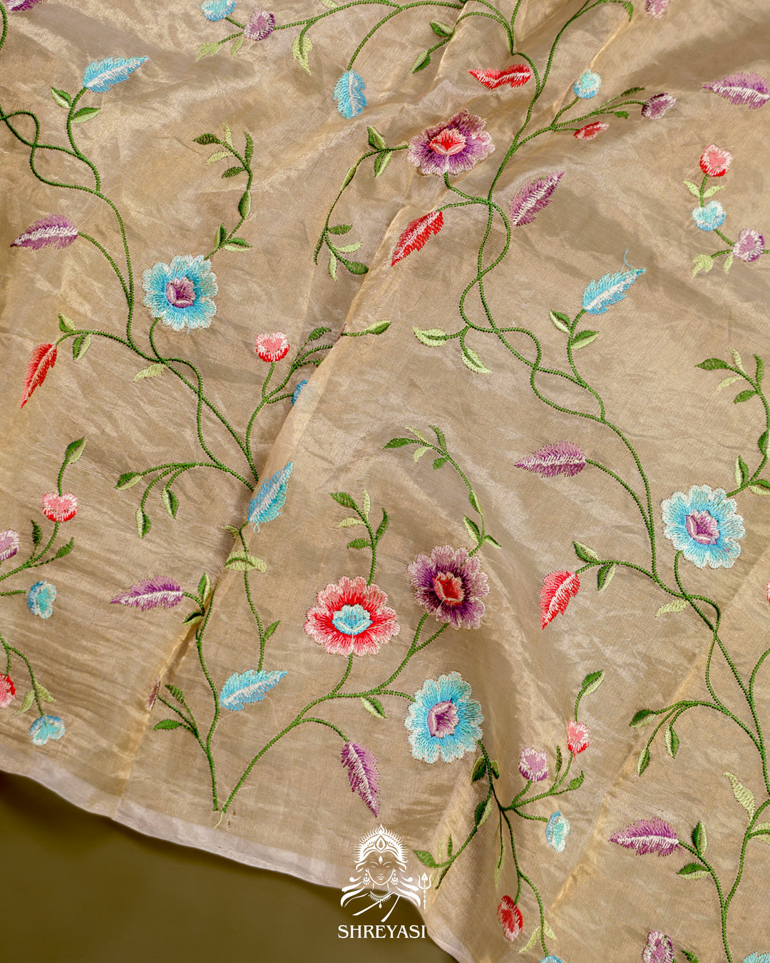 Handloom Banarasi Tissue Stripe Silk Saree with Satin Stitch Floral Embroidered Borders