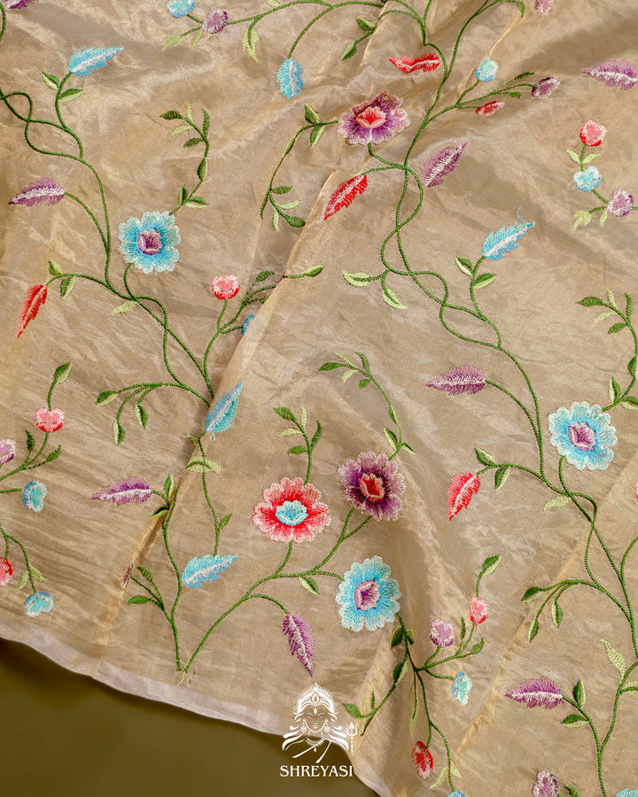 Handloom Banarasi Tissue Stripe Silk Saree with Satin Stitch Floral Embroidered Borders