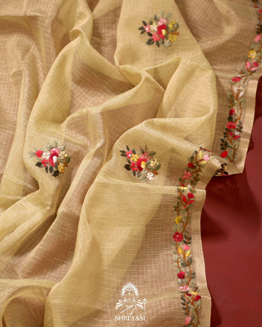 Tissue Linen Saree with Resham Floral Embroidery