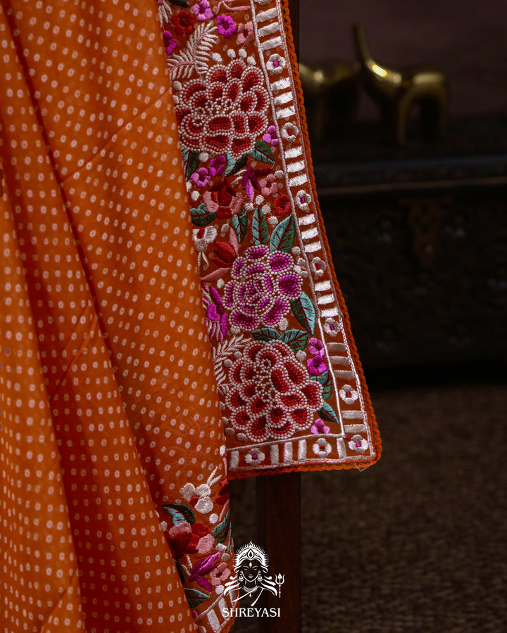 Pure Georgette Saree with Parsi Gara Style Embroidered Borders and Bandhej Body