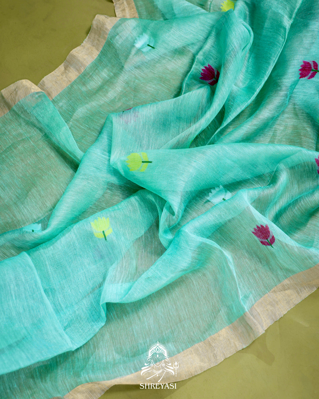 Handloom Silk Linen Jamdani Saree with Tissue Paithani Pallu
