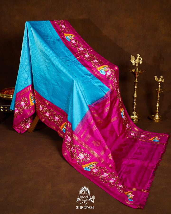 Traditional Tanjore Painting on Handloom Pure Kanjivaram Silk Sarees with Real Zari