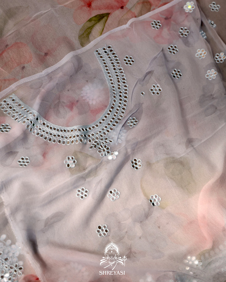 Floral Chiffon Georgette Saree with Scalloped Mirror Embroidery