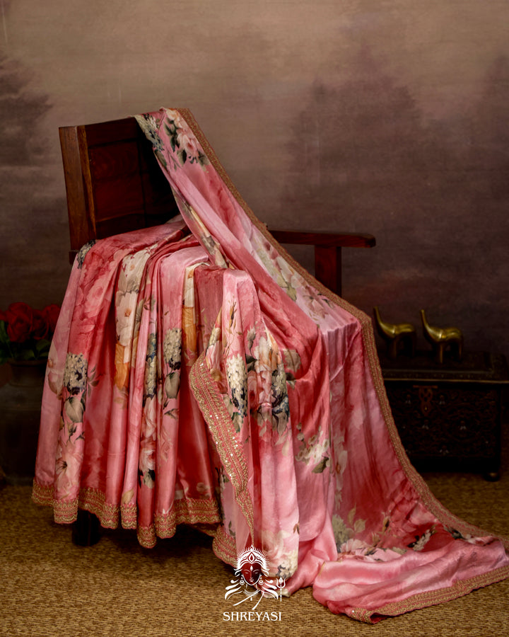 Peach pink Chinon Satin Floral Saree with Embroidered Border