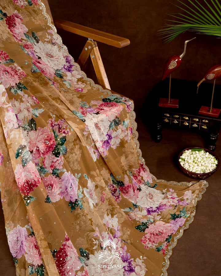 Hand Embellished Pure Georgette Floral Saree in Mocha Beige