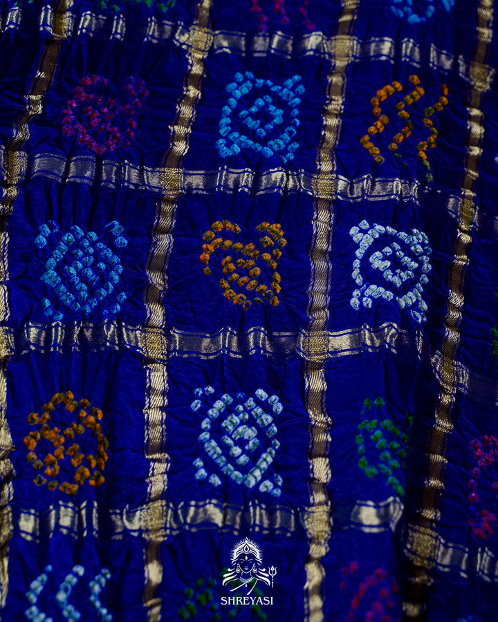 Handloom Pure Gaji Silk Gharchola Bandhej Saree with Multicolor Bandhani, Multicolor Pallu & Handcrafted Gota Patti Borders