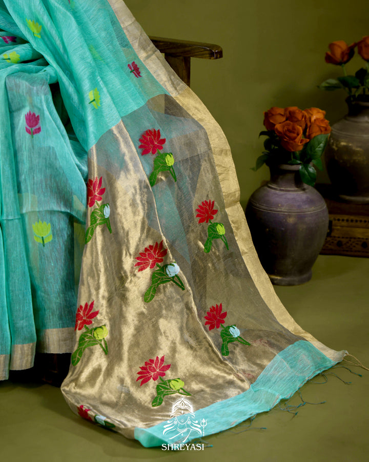 Handloom Silk Linen Jamdani Saree with Tissue Paithani Pallu
