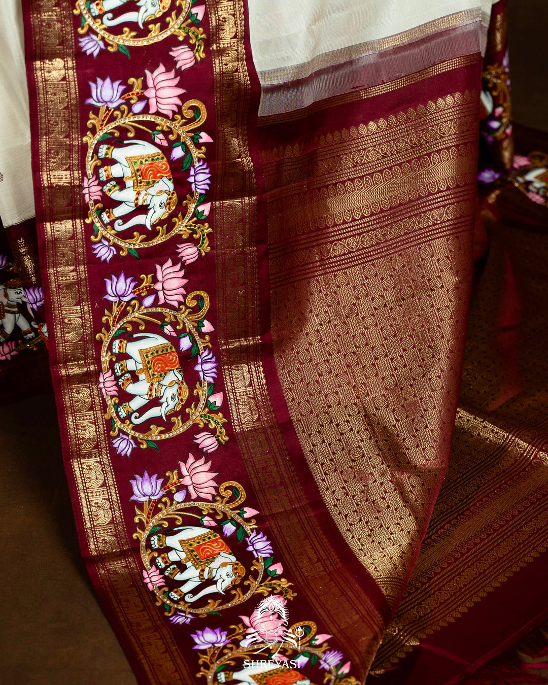 Traditional Tanjore Painting on Handloom Pure Kanjivaram Silk Sarees with Real Zari