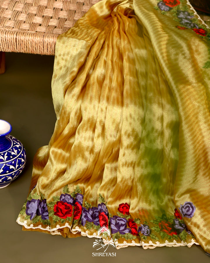 Chanderi Tissue Saree with Pita & Thread Floral Embroidery