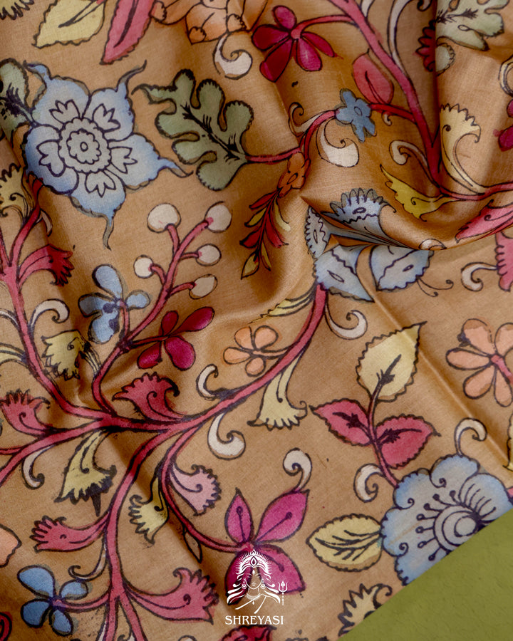 Handloom Pure Tussar Silk Saree with Hand Knotted Bandhej and Pen Kalamkari Pallu and Blouse