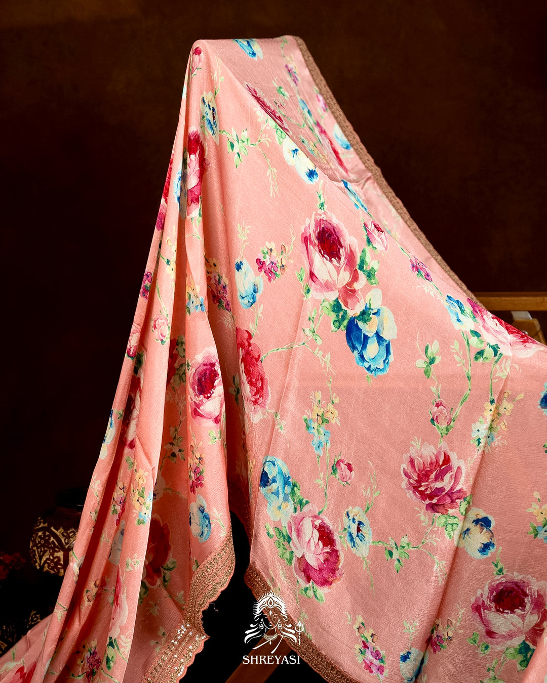 Pure Chinon Satin Saree with Floral Print & Embroidered Scallop Borders