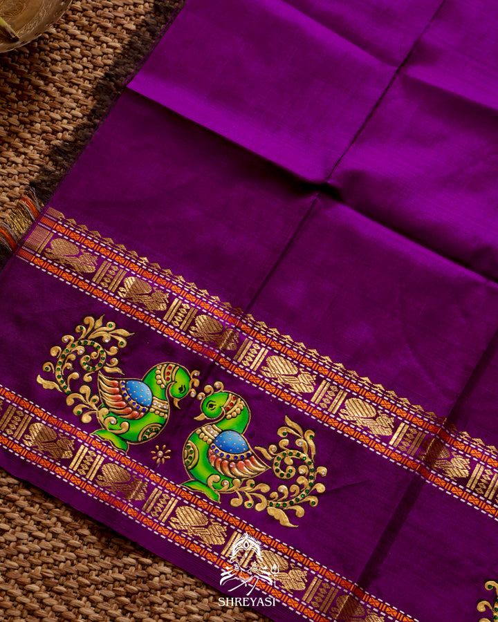 Handloom Pure Kanjivaram Silk Saree in Real Zari with Tanjore Madhura Meenakshi, Mayil and Kamalam Artwork