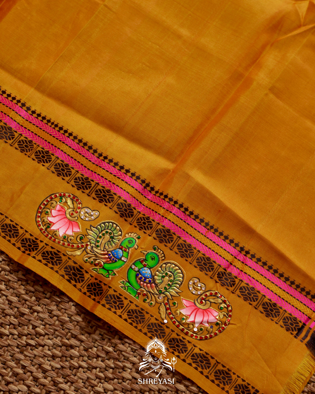 Handloom Pure Kanjivaram Silk Saree in Real Zari with Tanjore Mayil and Kamalam Artwork