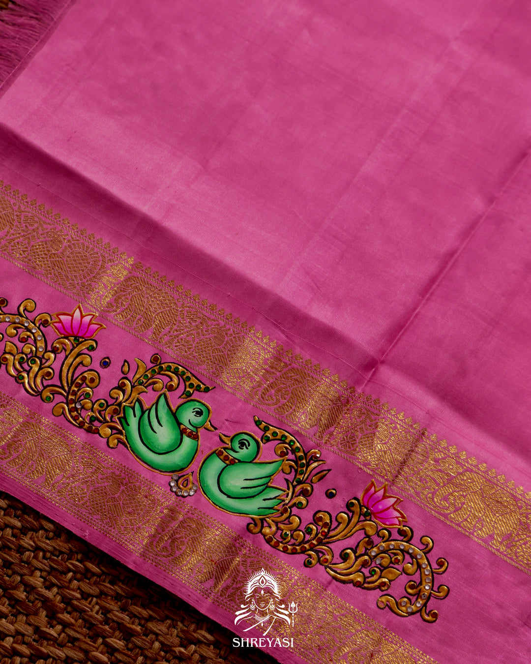 Handloom Pure Kanjivaram Silk Saree in Real Zari with Tanjore Annapakshi and Kamalam Artwork