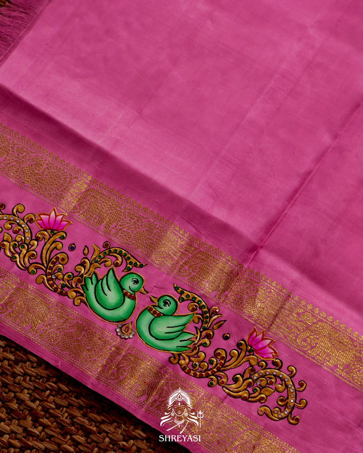 Handloom Pure Kanjivaram Silk Saree in Real Zari with Tanjore Annapakshi and Kamalam Artwork