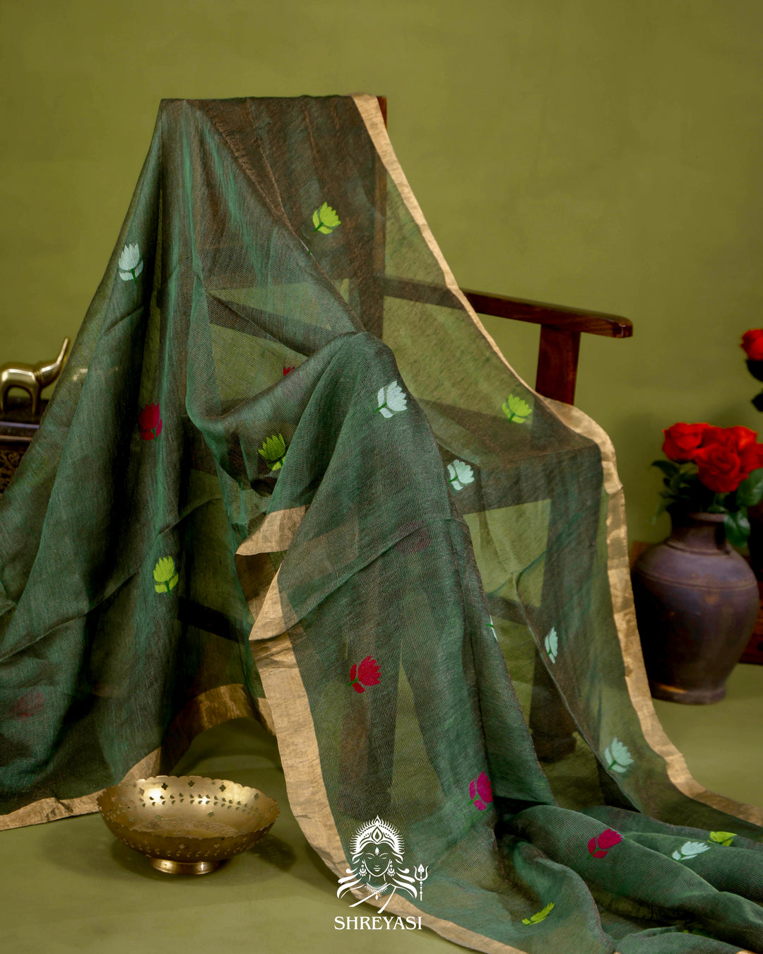 Handloom Silk Linen Jamdani Saree with Tissue Paithani Pallu