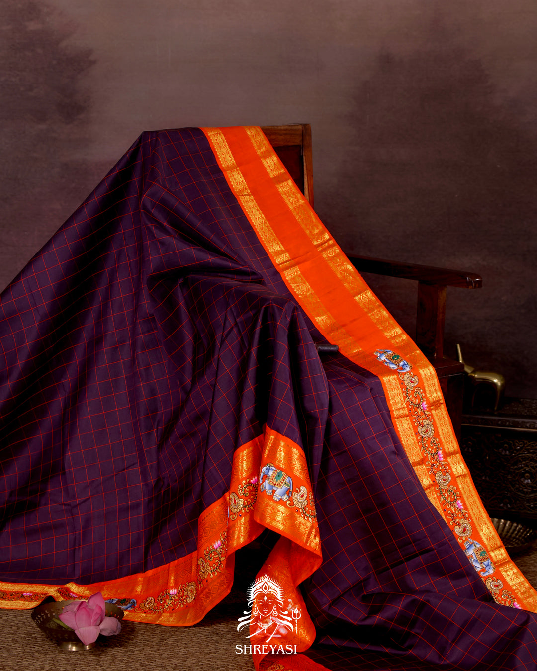 Handloom Pure Kanjivaram Silk Saree in Real Zari with Tanjore Yanai, Manga and Kamalam Artwork