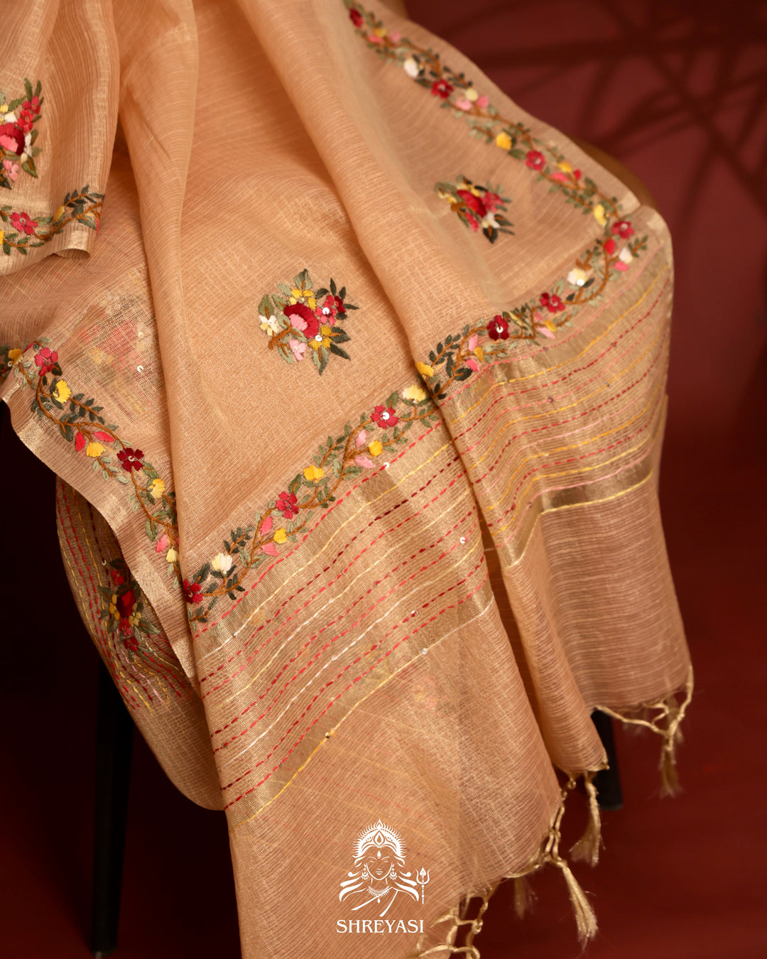 Tissue Linen Saree with Resham Floral Embroidery
