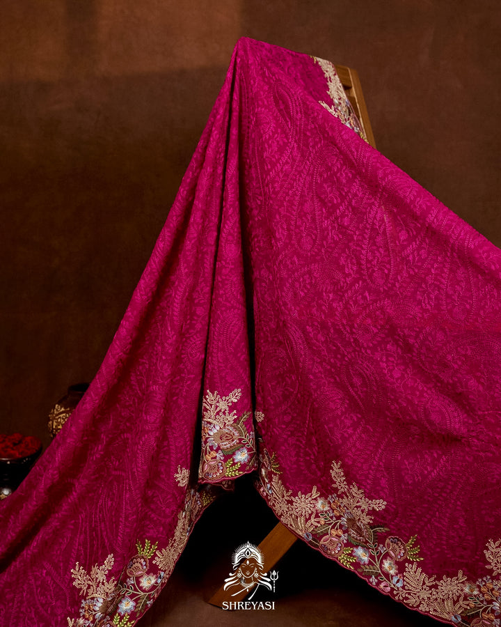 Premium Pure Georgette Chikankari Saree in Jewel Magenta with Embroidered Floral Borders