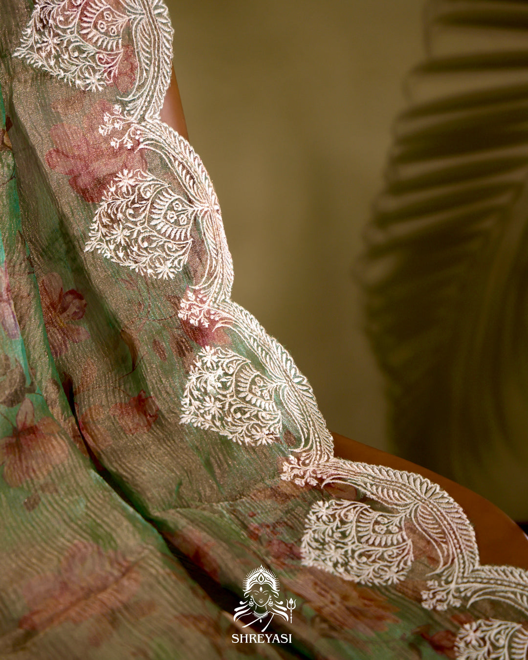 Handloom Pure Crushed Ektara Tissue Silk Saree with Floral Print and Scallop Embroidery