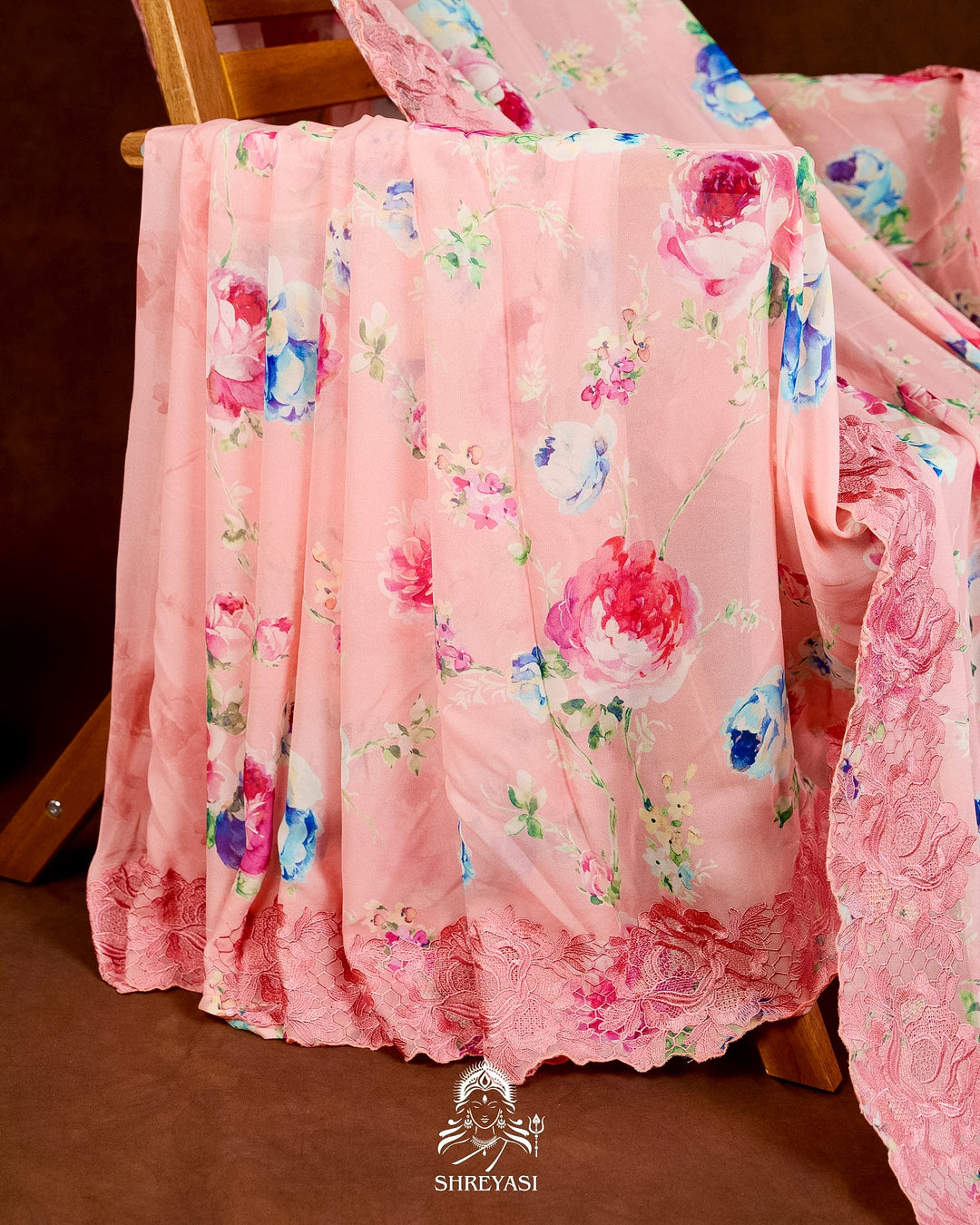 Pure Georgette Floral Saree with Chantilly Lace Embroidery Border