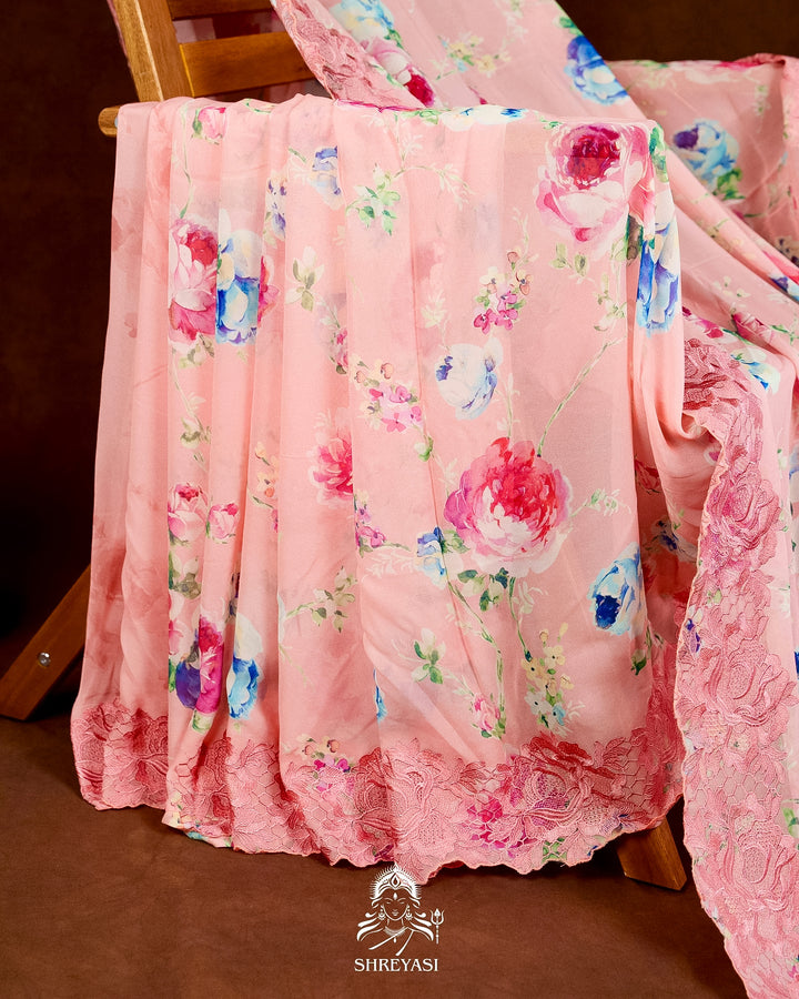 Pure Georgette Floral Saree with Chantilly Lace Embroidery Border