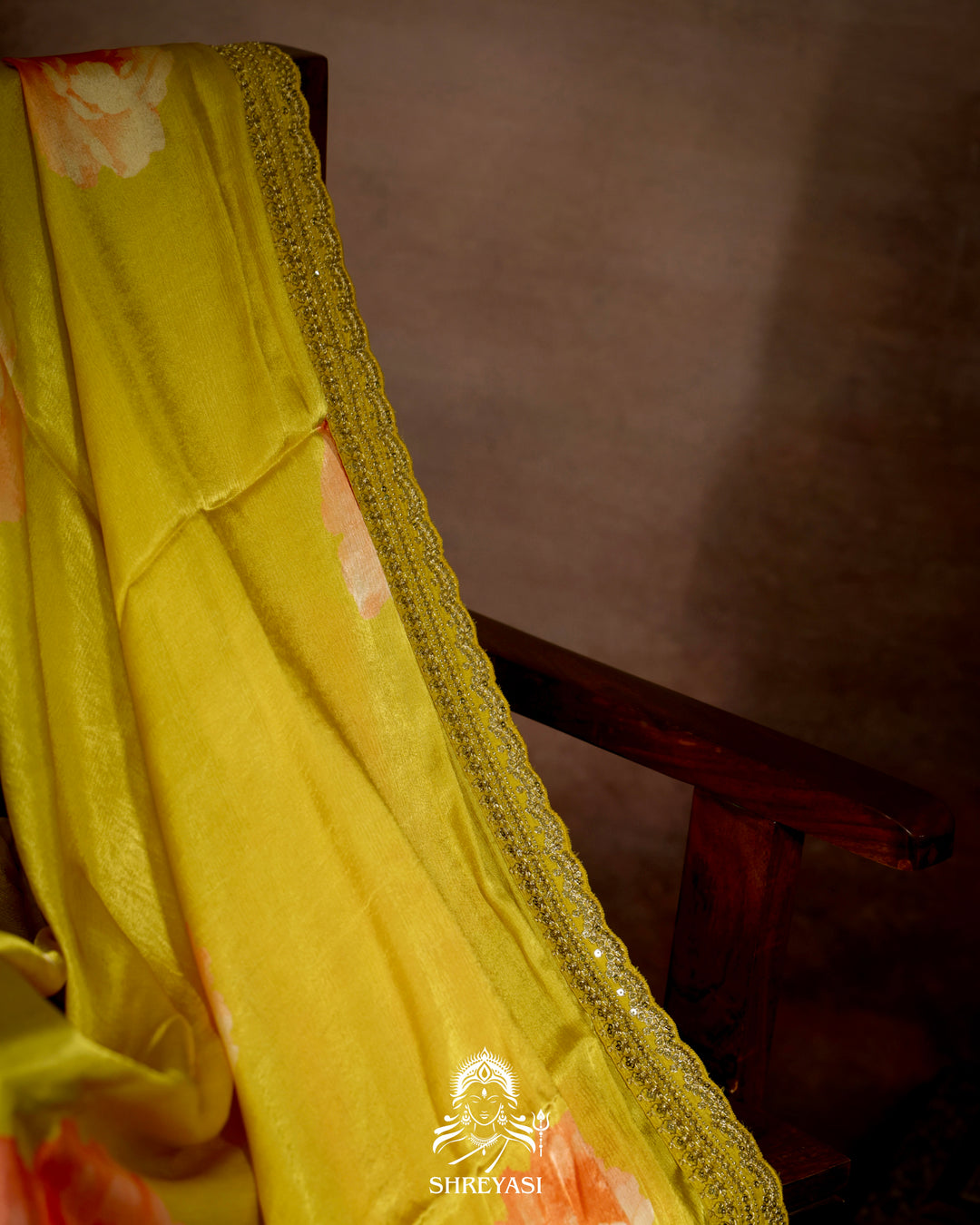 Lime Yellow Chinon Satin Floral Saree with Embroidered Border