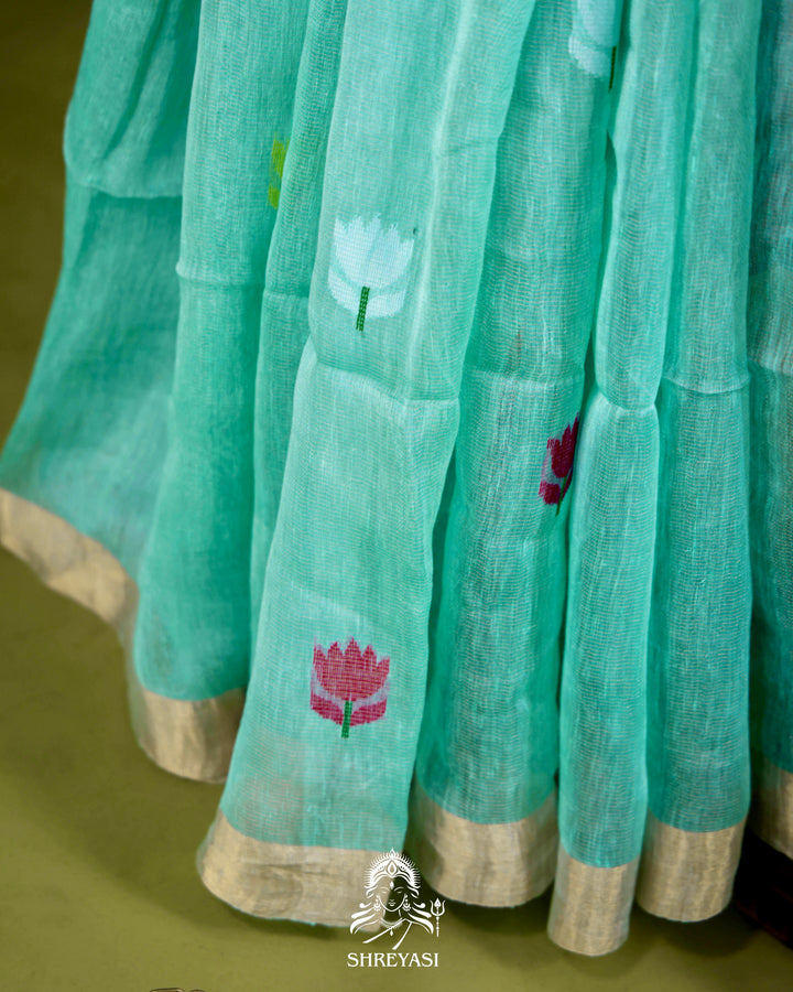 Handloom Silk Linen Jamdani Saree with Tissue Paithani Pallu