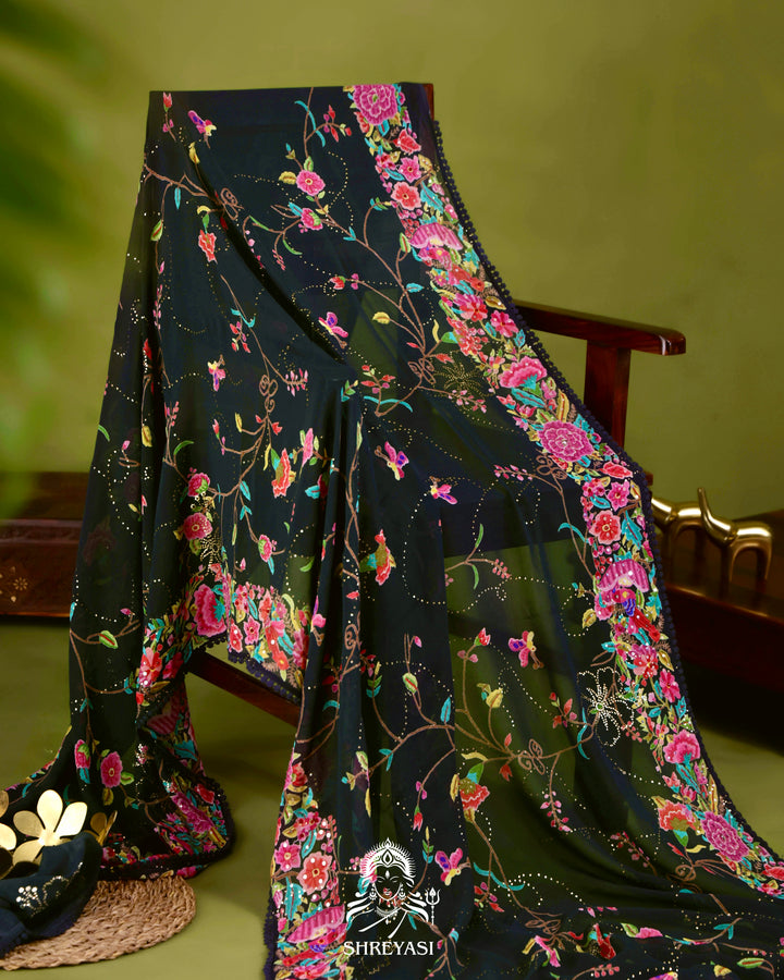Midnight Floral Pure Georgette Saree with Mukaish, Bead & Sequin Work