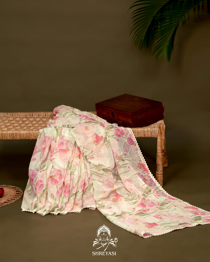 Pure Georgette Floral Saree with Thread Embroidery and Micro Sequins