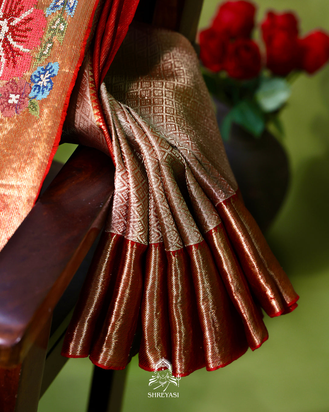 Handloom Pure Kanjivaram Tissue Silk Saree with Petit Point Embroidered Borders