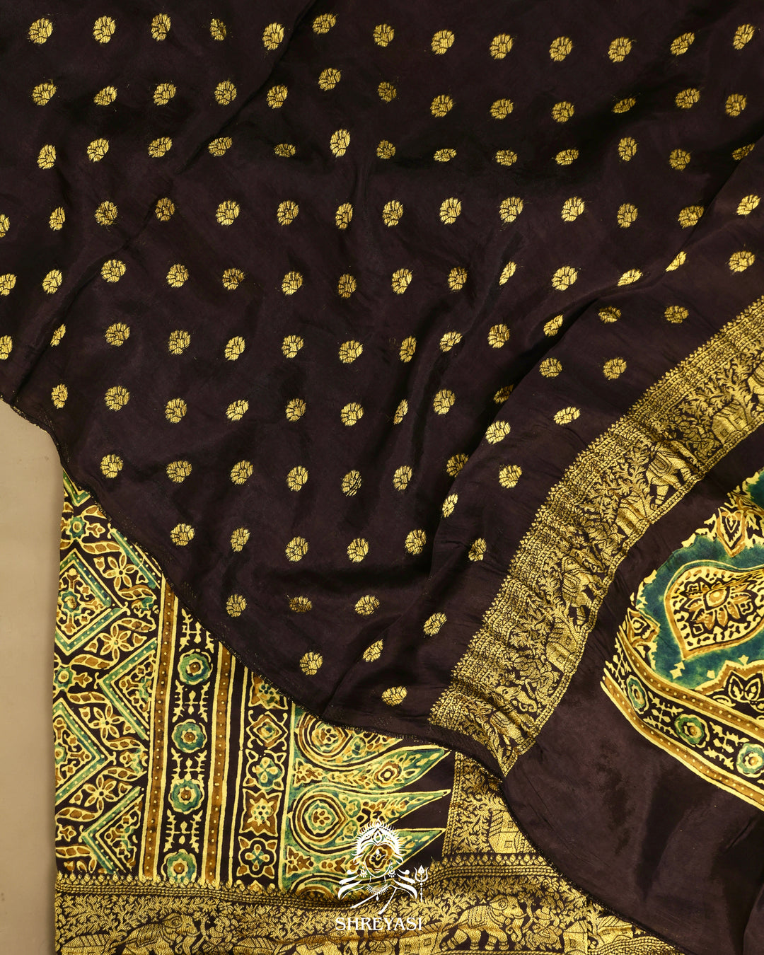 Hand Block Printed Ajrakh Dola Silk Saree with Zari Brocade Blouse
