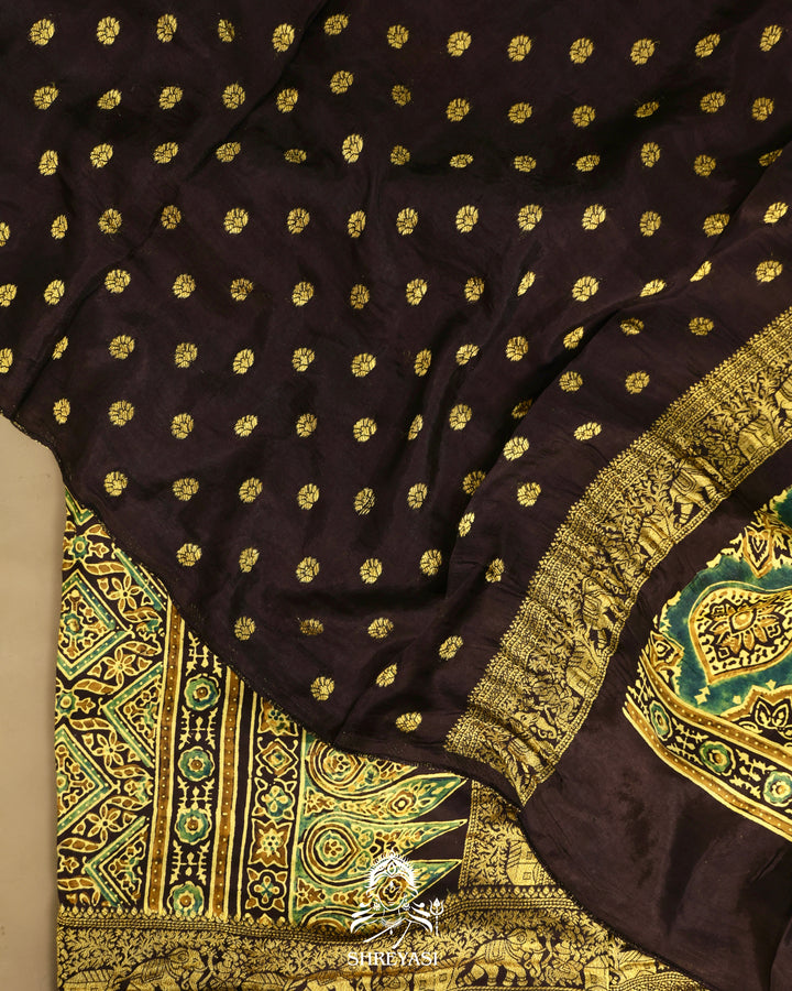 Hand Block Printed Ajrakh Dola Silk Saree with Zari Brocade Blouse
